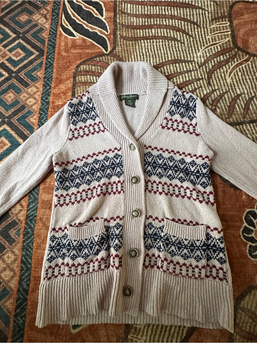 Eddie Bauer Cream Shawl-Collar Cardigan with Navy and Red Fair Isle
